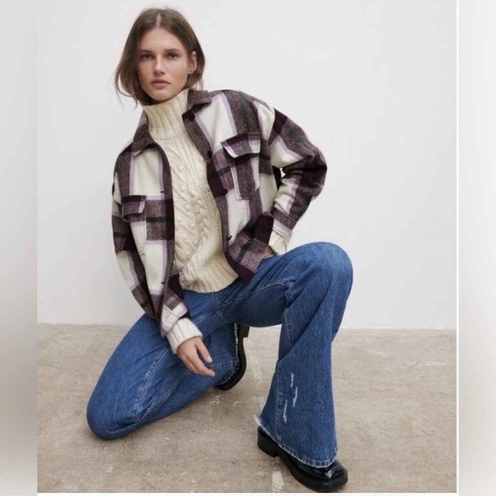 Zara Purple Check Plaid Wool-Blend Overshirt Shacket Jacket Size S